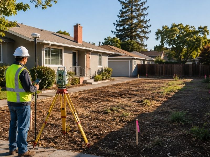 Licensed land surveyor performing a property survey on a San Jose residential lot before planning an additional home, documenting lot boundaries, existing structures, and backyard space